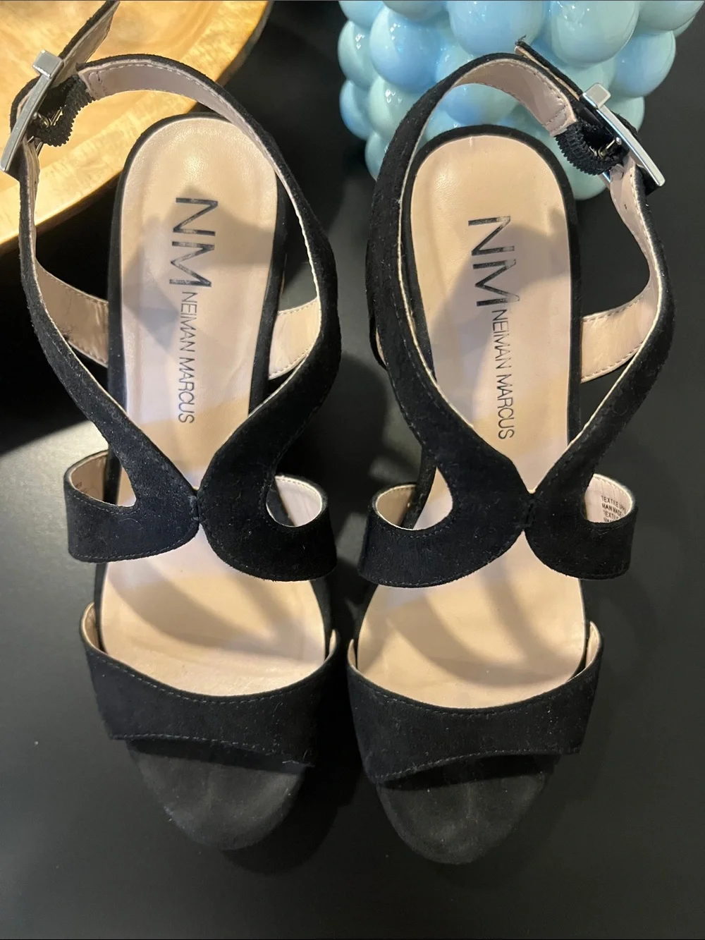 Neiman Marcus Black Suede Cork Wedge Sandals sz 6.5